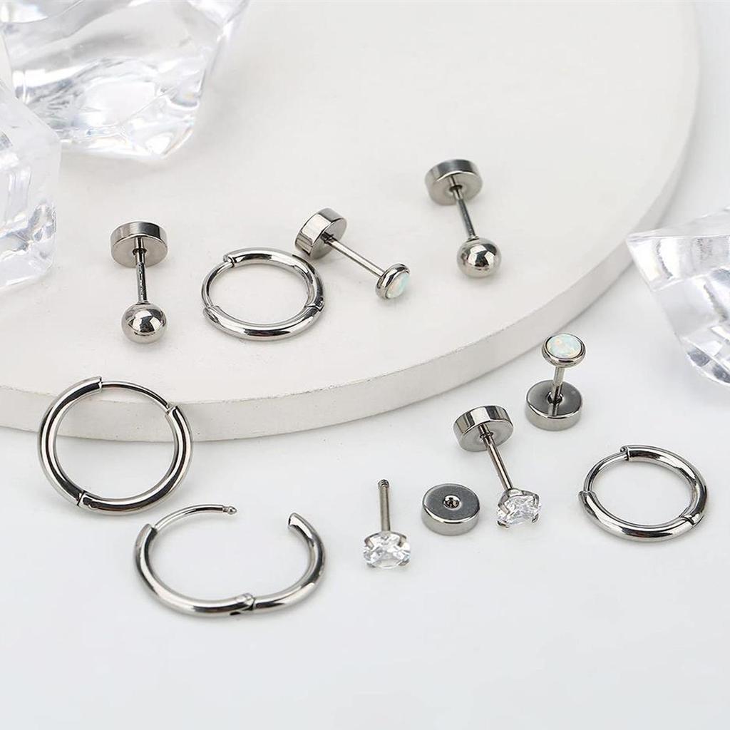 Stainless Steel Zircon Stud & Round Wire Earrings Set with Vacuum Electroplating Finish