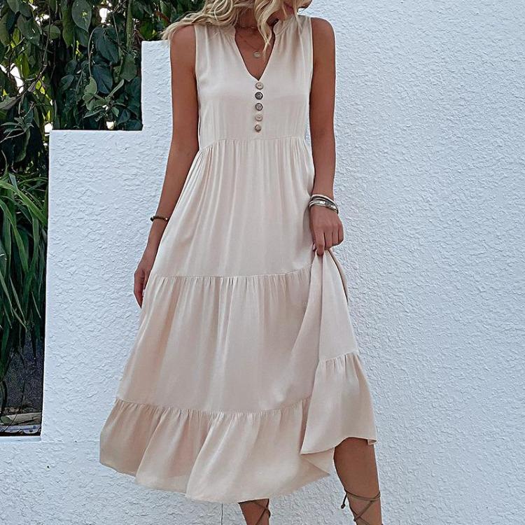 

Women Summer Dress A-Line Knee-Length V Neck Sleeveless Solid Color S светло-синий