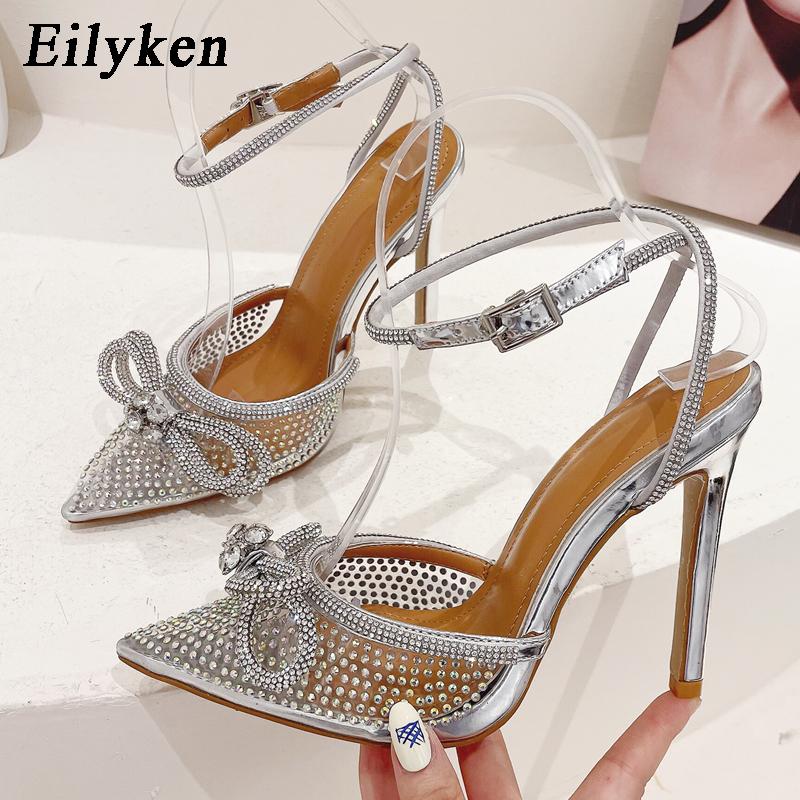 Eilyken Silver Rhinestone Butterfly-knot Women Pump Sandals Summer Autumn PVC Transparent Runway Style Banquet Ladies Shoes