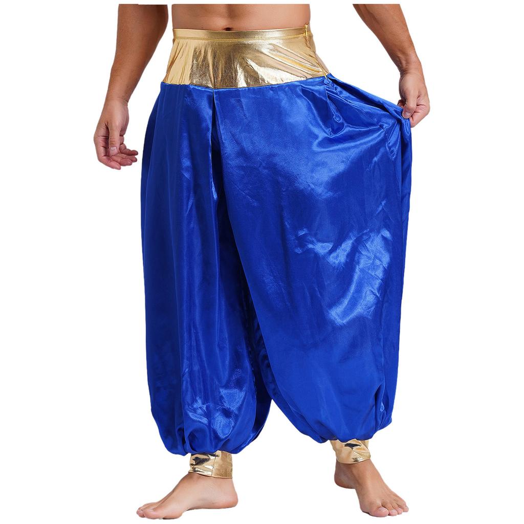 Mens Magical Hippie Harem Pants Metallic Shiny Patchwork Lantern Style Long Pants Arabian Prince Cosplay Costume