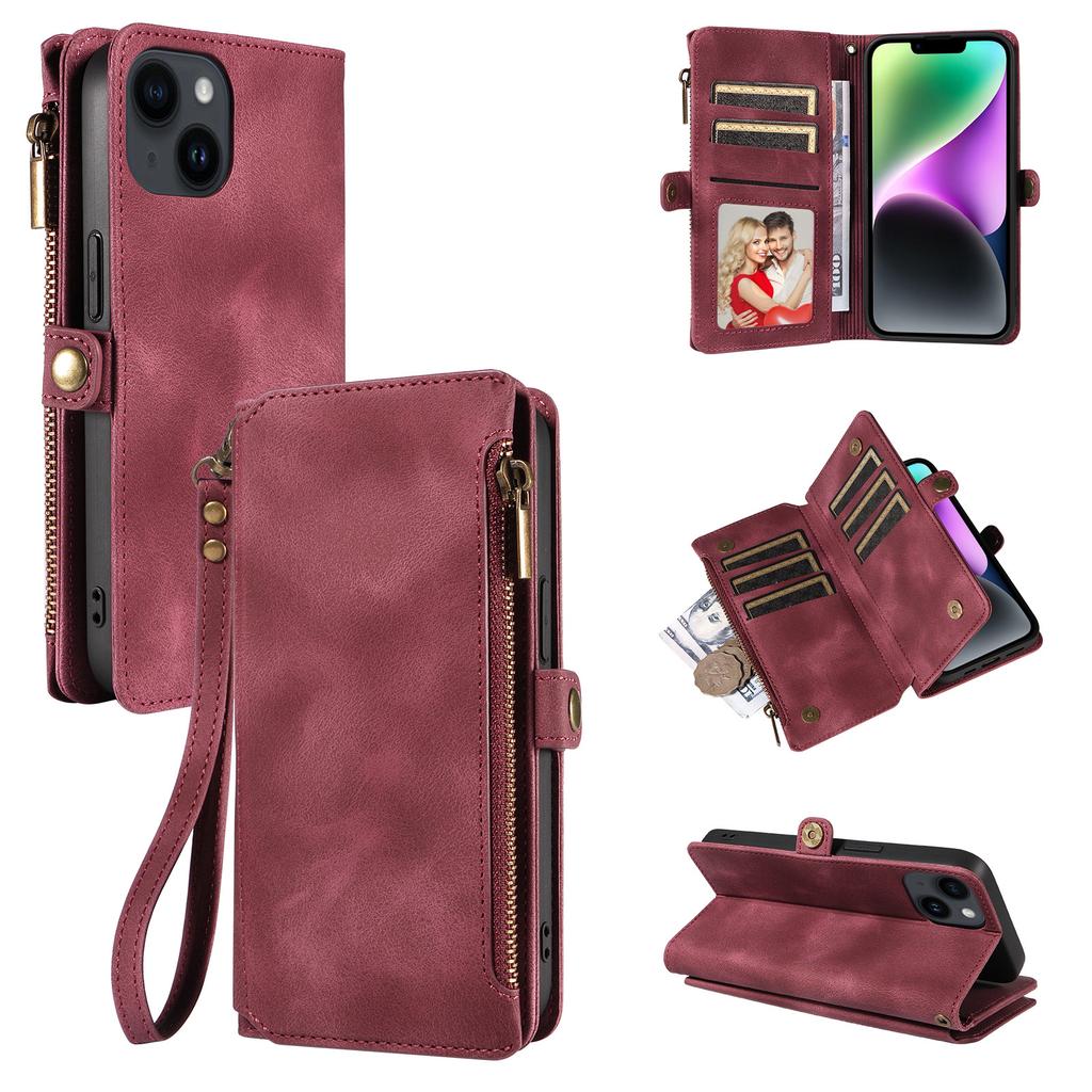 For iPhone 15 RFID Blocking Stand Leather Case Drop-proof Phone Cover Zipper Pocket Wallet with Strap