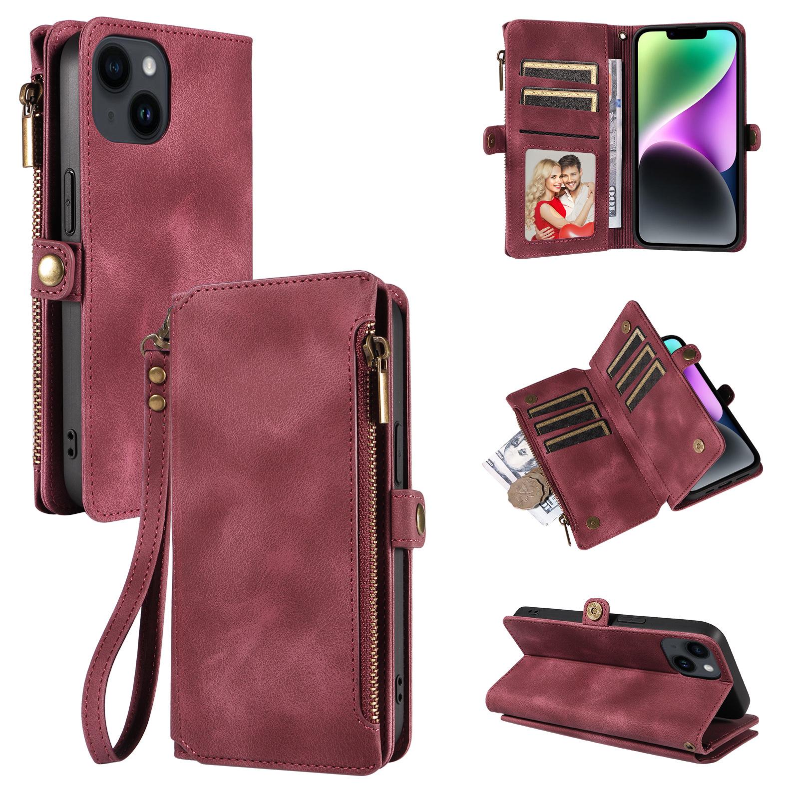 

For iPhone 15 RFID Blocking Stand Leather Case Drop-proof Phone Cover Zipper Pocket Wallet with Strap Red