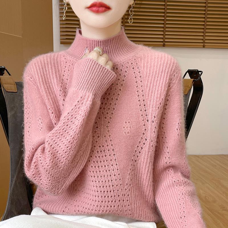 Thickened Wool Half-High Neck Diamond Cutout Pullover, Long Sleeve Women's Knit Sweater