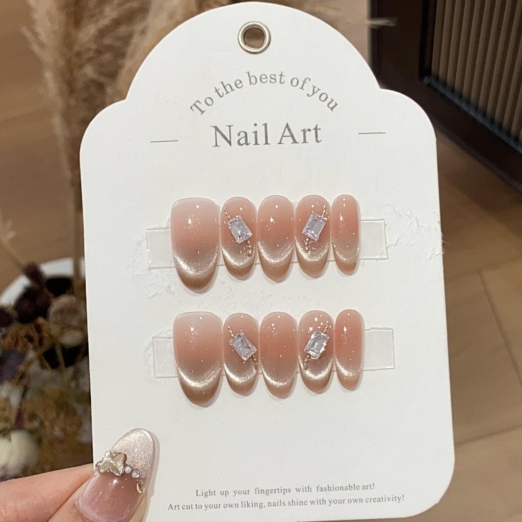 Ice-permeable Peach Powder French Cat Eye Rectangular Diamond Chain Bean Paste Milk Puff Paste Removable Nail Slices