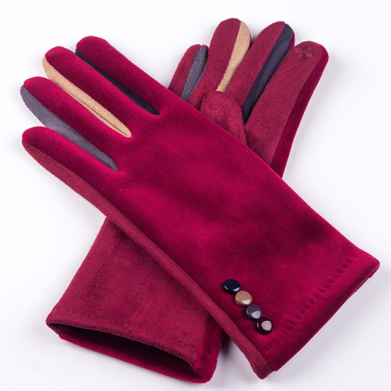 Autumn Winter Female Button Suede Leather Velvet Cashmere Full Finger Warm Bow Glove Women Embroidery Touch Screen Mitten F9