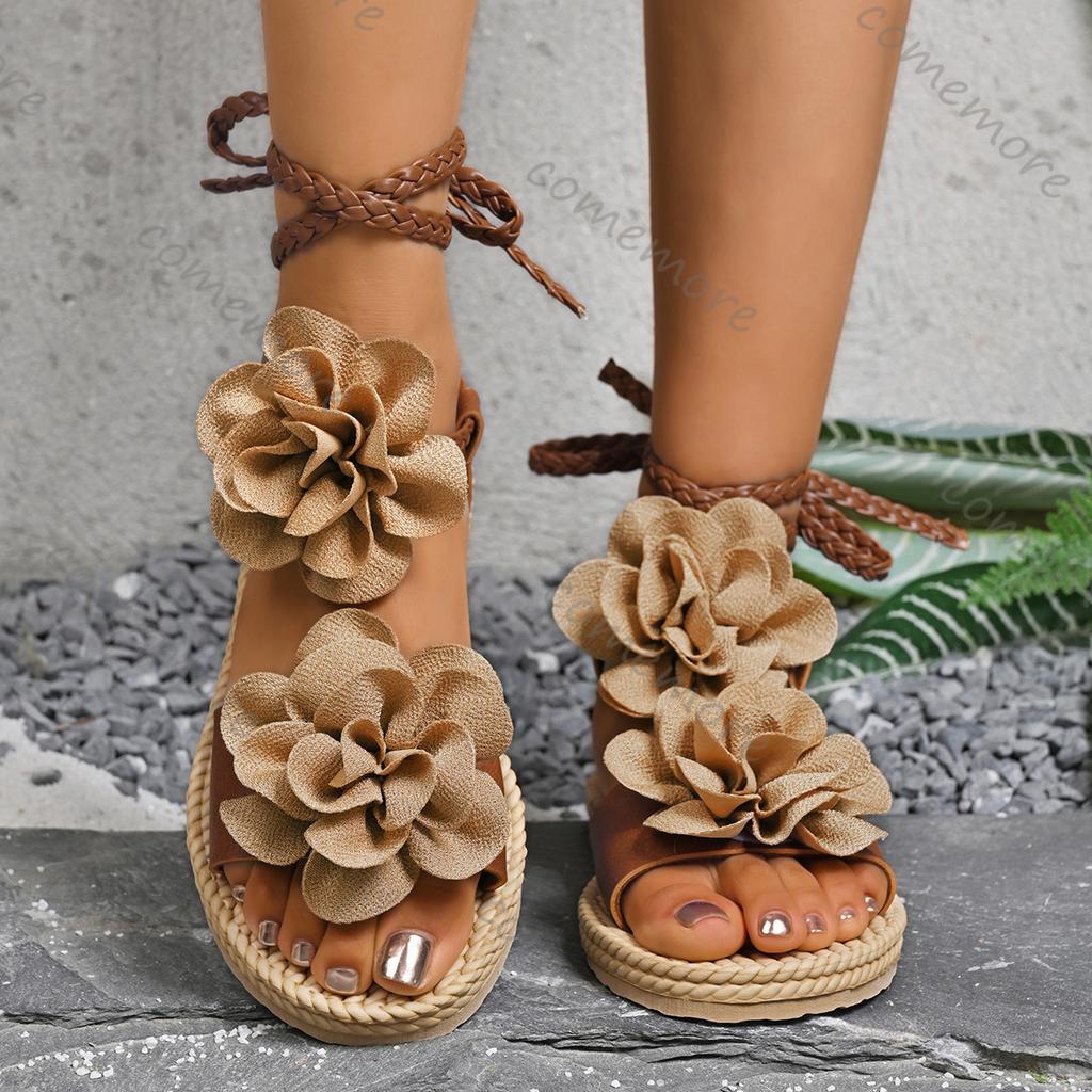 Comemore Summer Female Beach Sandals Outer Wear Thick Bottom Shoes Large-sized Ankle Lace-up Roman Flower Sandales for Women