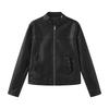 Women's Casual Solid Color Stand Up Collar Long Sleeved Zipper Pocket Jacket Motorcycle Suit Jacket Leather Jacket