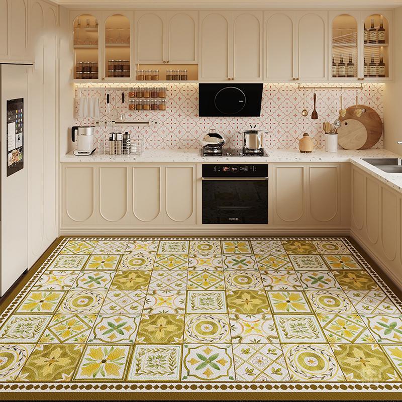 Kitchen Floor Mat Waterproof Oil-proof Non-slip Rugs Washable Leather PVC Carpet American Style Flower Tile Large Size Foot Mats