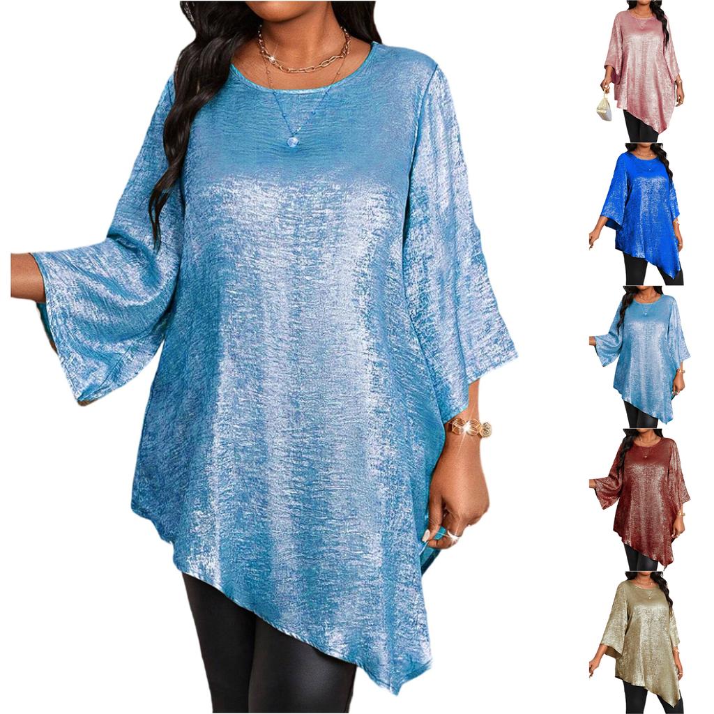 Fashionable Women's Plus Size Loose Round Neck Mid-sleeve Irregular Hem Top
