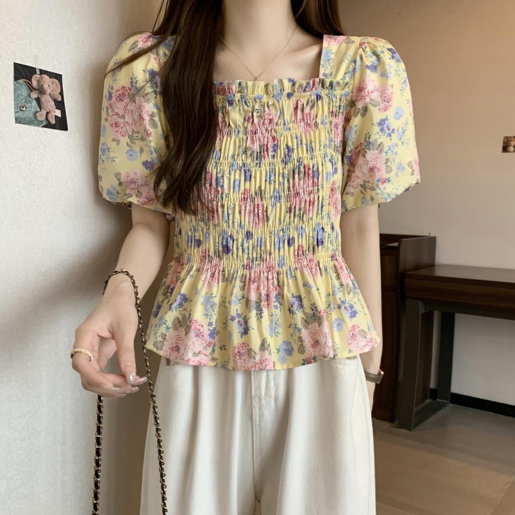 Princess short Spice girl square collar tea break floral new flared sleeve thin casual French casual short-sleeved top