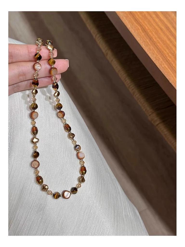 Maillard kávový perlový náhrdelník s korálky tygřího oka pro ženy