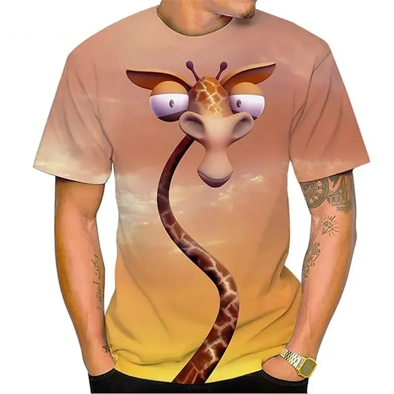 Men Funny Giraffe Animal Print T‑Shirt Round Neck Plus‑Size Summer Casual Short Sleeve Daily Tops
