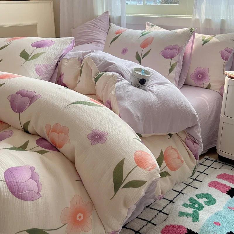 Cute Strawberry And Rabbit Duvet Cover Set Washed Cotton Linen Feel Super Soft Comfortable Chic 4Pcs Home Decor Bedding Set