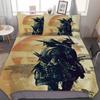 Set Letto Samurai Giapponese, Copripiumino con Siluetta di Edificio Paesaggio Tramonto Giappone per Uomini Adolescenti, Nero Rosso
