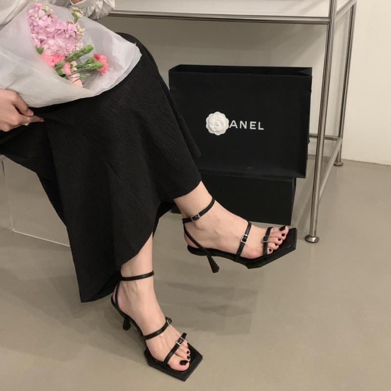 Niche one-word strap sandals heel shoes women's black thin strap open toe summer 2025 new square head thin heel women's sandals