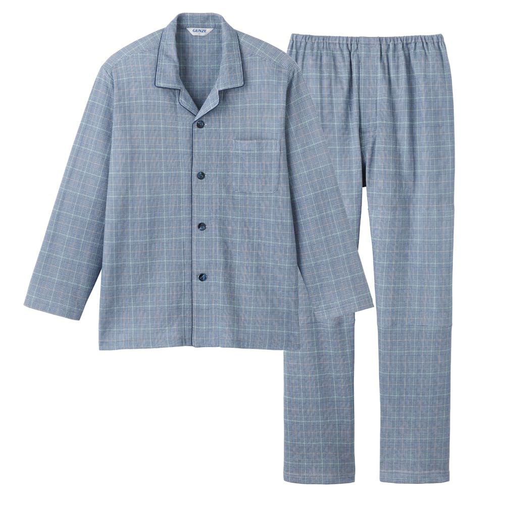 

Gunze HOT MAGIC Insulated Long Sleeve and Pants Soft Blue Double-Waist Pajamas, (Front Opening), Quilted, Men s, (SG4244)