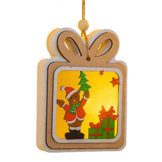 Yousheng Wooden Christmas Decor with LED Light 3D Carved Hanging Wood Star/Village House/Bell/Gift Box Ornament for Xmas Tree Decor