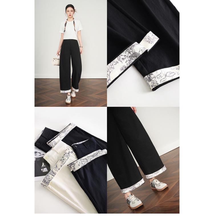 2026 Spring/Autumn Women's High-Waisted Wide-Leg Color Block Lace Casual Pants, Plus Size