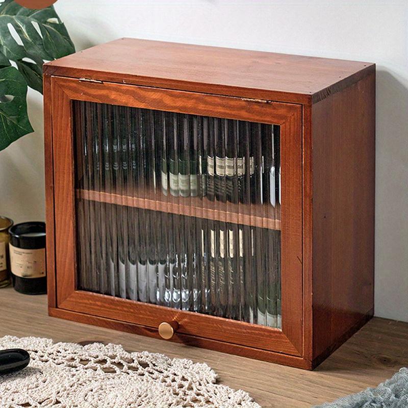 1pc Double Layers Cosmetic&food Wood Storage Cabinet with Transparent Glass Flip Cover,retro Bedroom&kitchen Desktop Collect Rack.