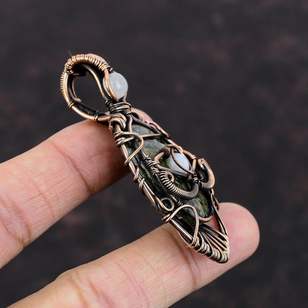 Evil Eye Copper Seraphinite Pendant Copper Wire Wrapped Gemstone Pendant Rainbow Moonstone Pendant Handmade Copper Jewelry Anniversary Gift