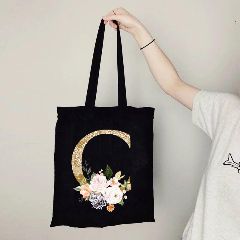 Gold Letter Flower Canvas Bag Women's Shopping Bag Reusable Large Capacity Portable Handbag Harajuku Student Shoulder Bag