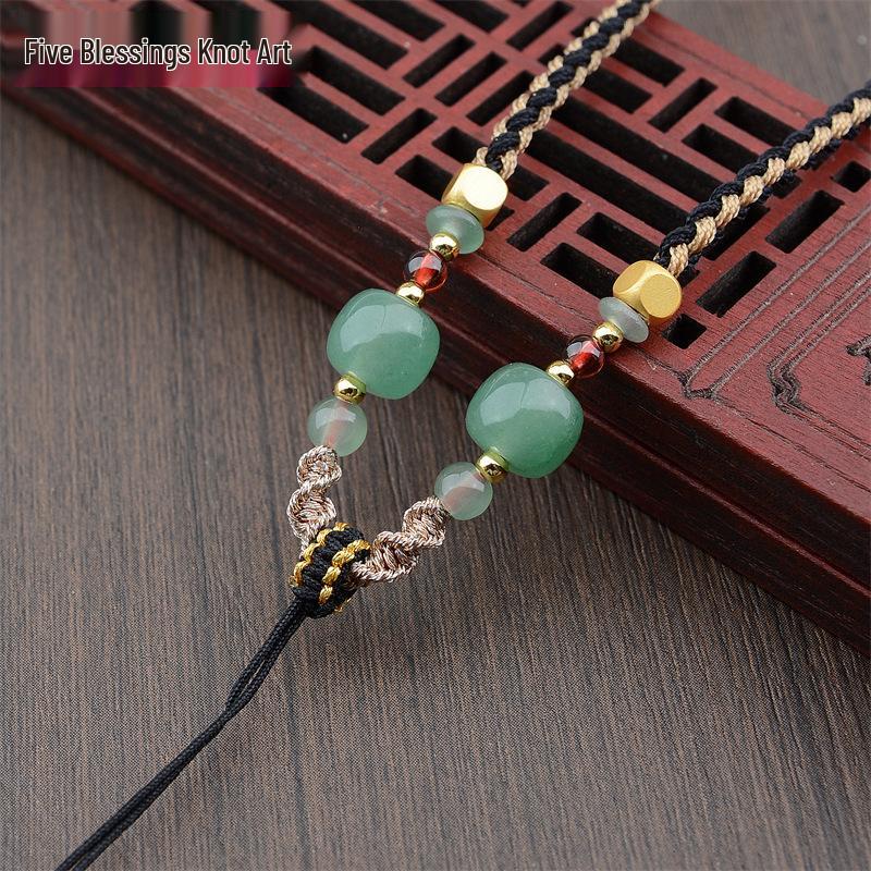 Four-Strand Braided Necklace Lanyard with Jadeite, White Agate, and Dongling Jade Pendant