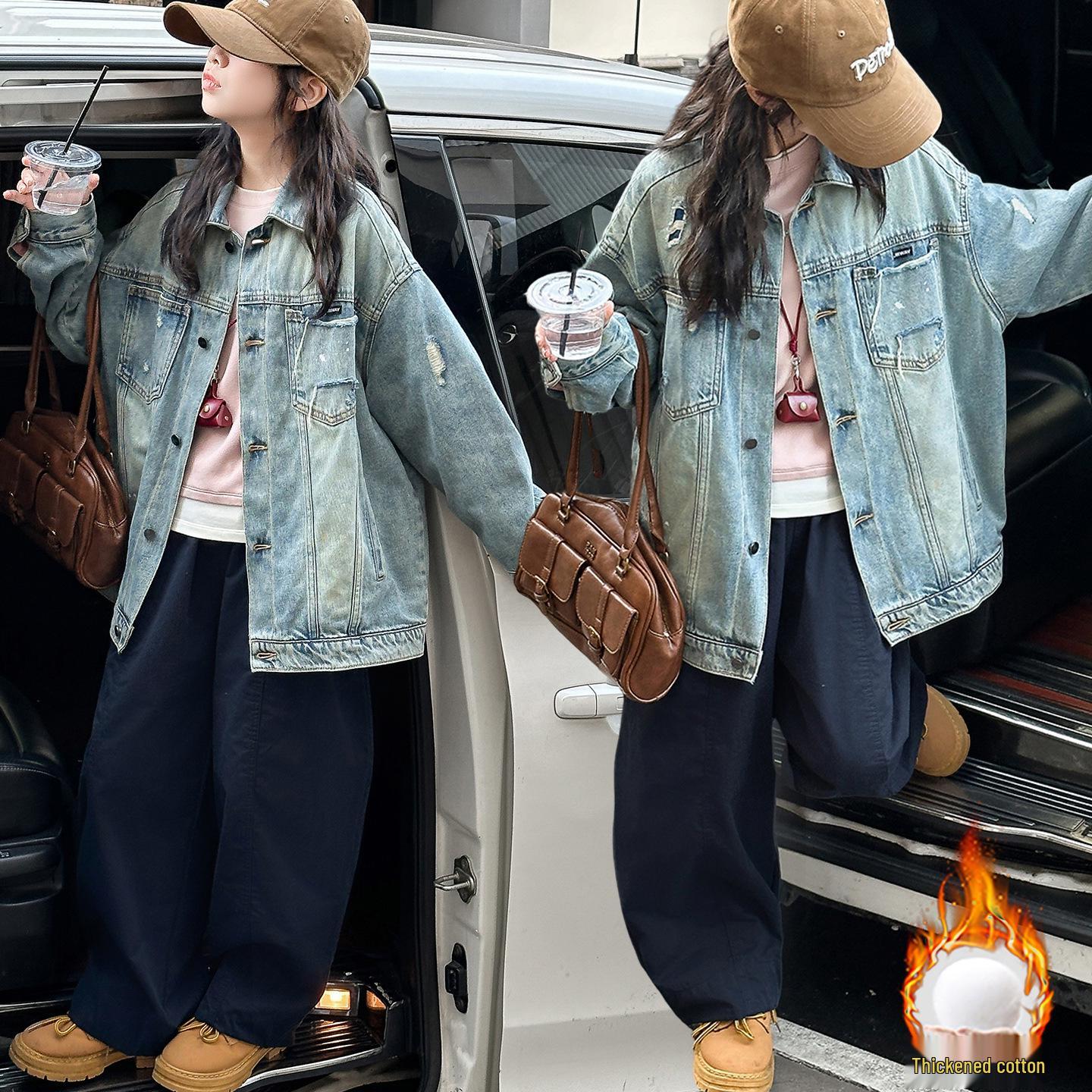 

Модная джинсовая куртка для девочек - Мода осень/зима 2025 для подростков и маленьких девочек 130 cm джинсовый синий