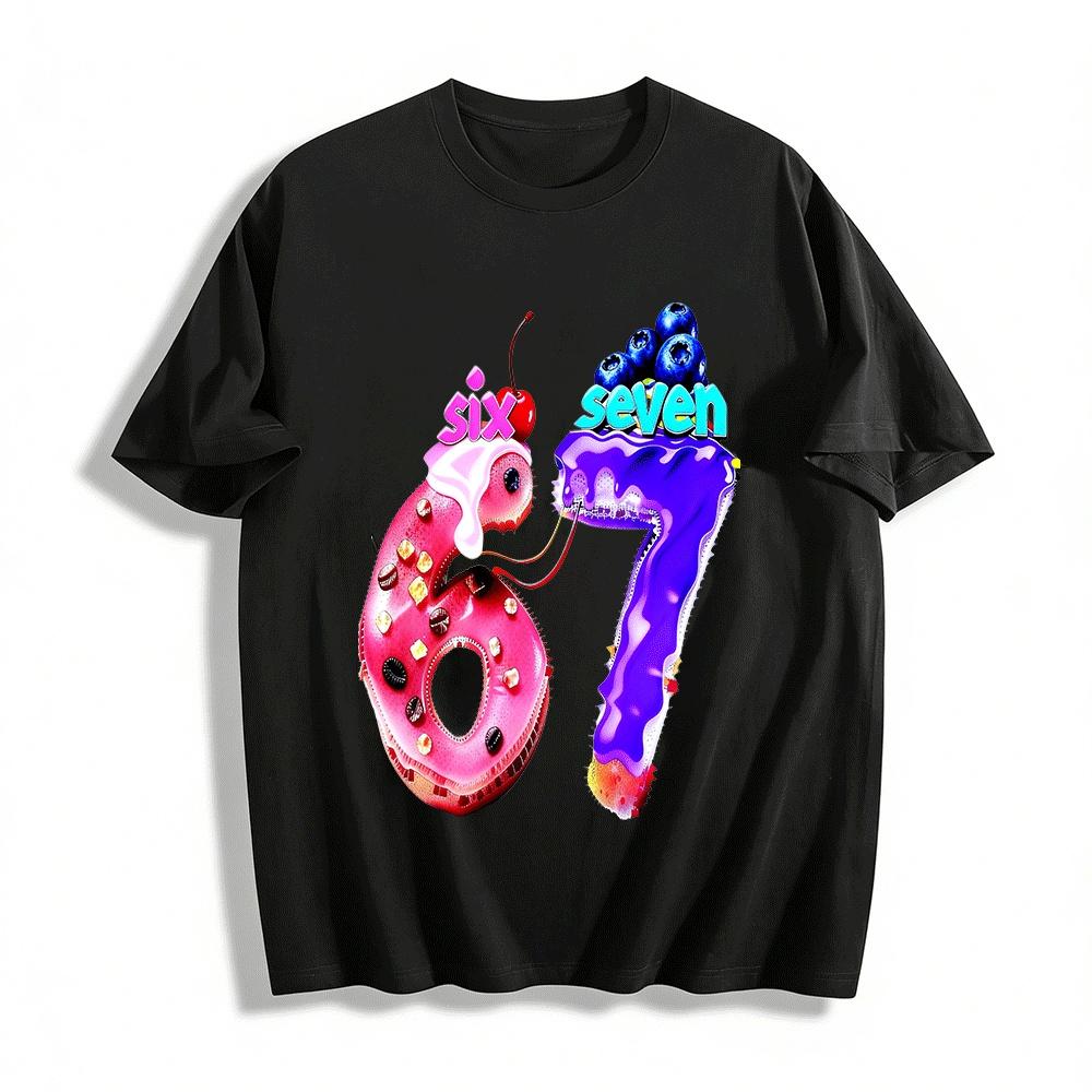 Fun Sweet Style Number 67 Food Print Casual Top Pure cotton T-shirt XXS