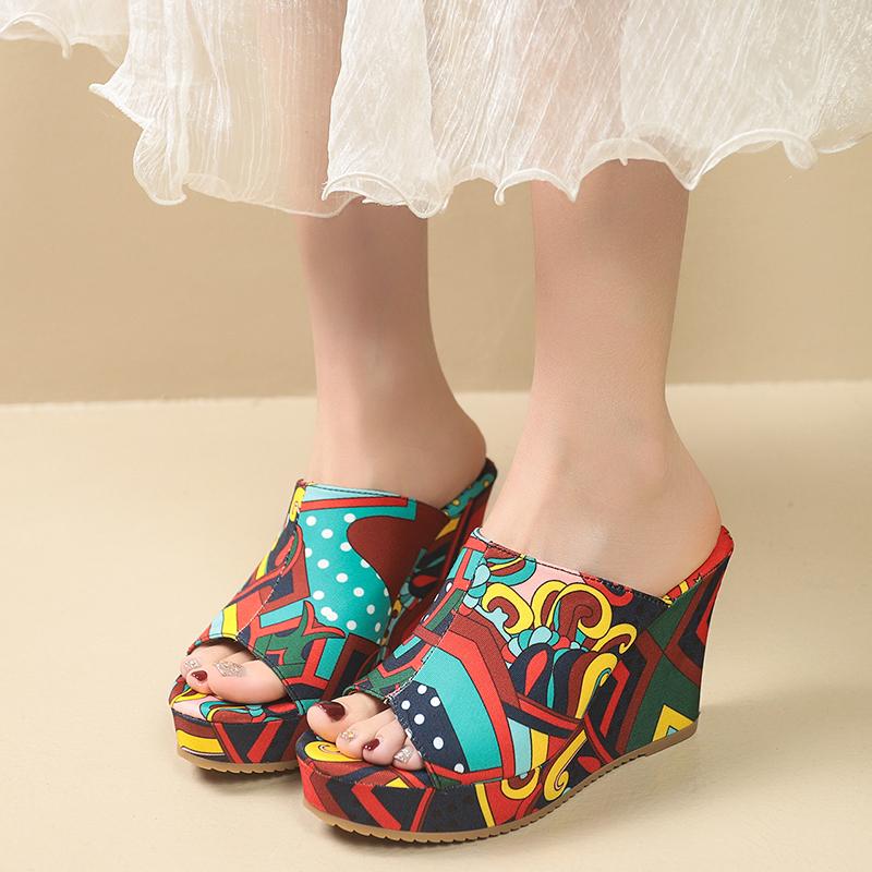Fashion Slope Slippers Summer New Round Head Open Toe Printed Waterproof Table Cover Foot Anti-slip Wear-resistant High Heels
