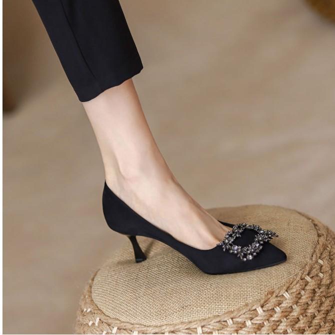 High heels women's 2025 new spring and autumn rhinestones French shallow soft leather pointed thin heels single shoes black with dress