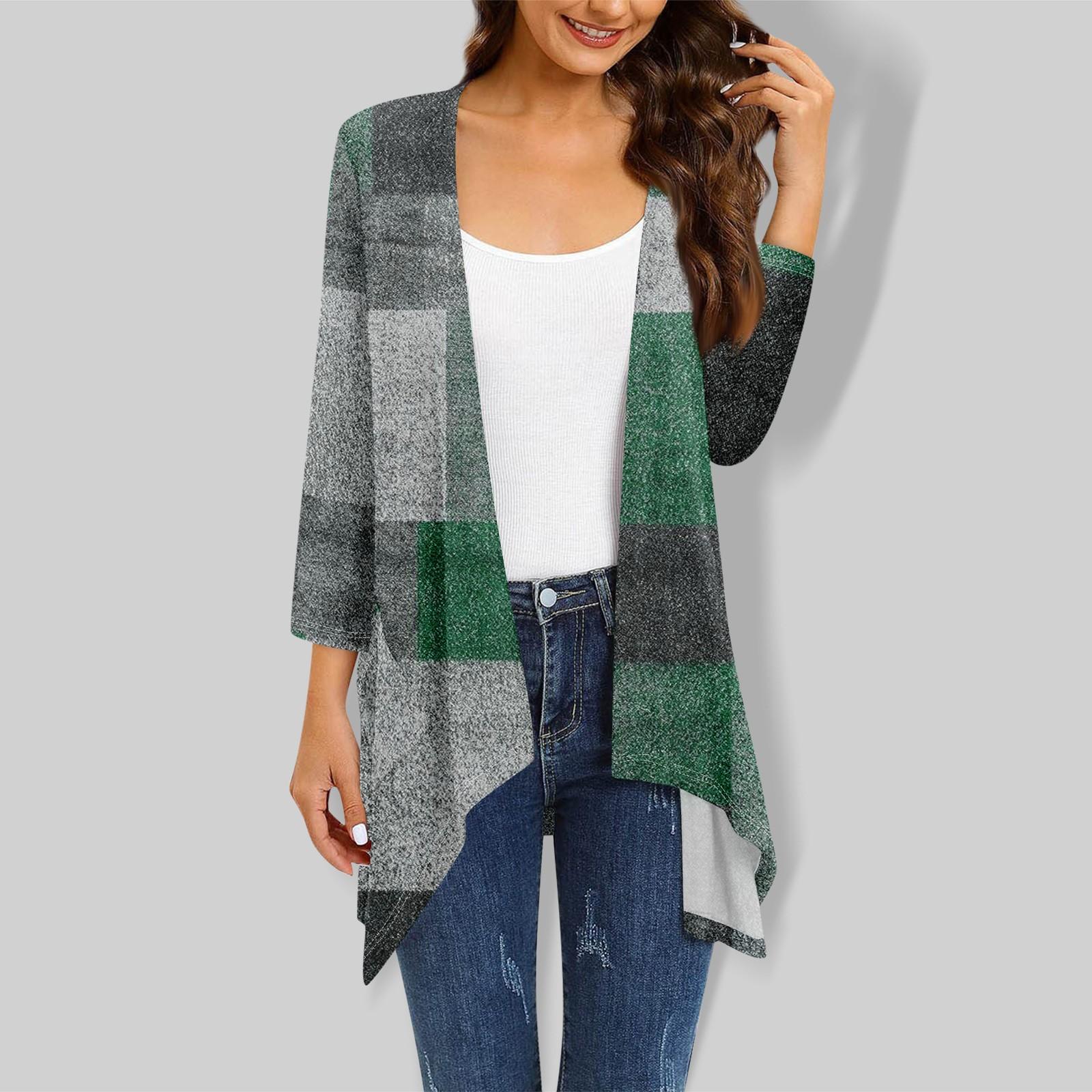 

Женский кардиган с рукавом 3/4 и принтом, вязаный легкий кардиган с открытой передней частью и карманами XL армия зеленый