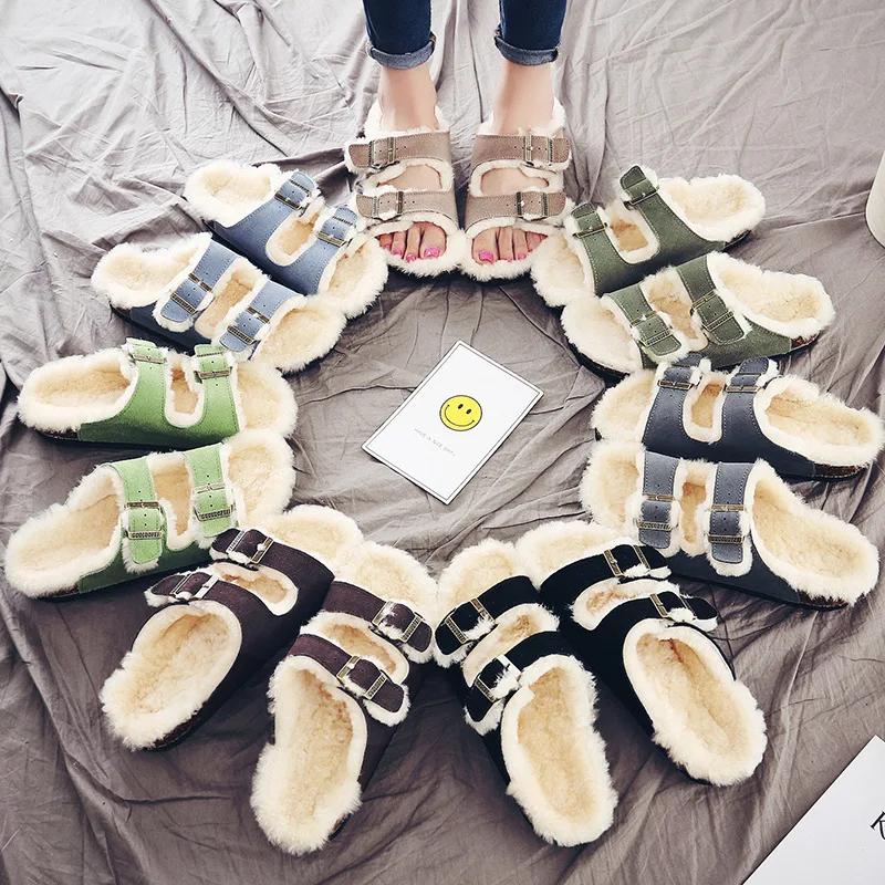 Fashion Women's Shoes Autumn Winter New Woolen Cork Women's Slippers Men's Women's Wool Half Slippers Plus Plush Cork Slippers Outside