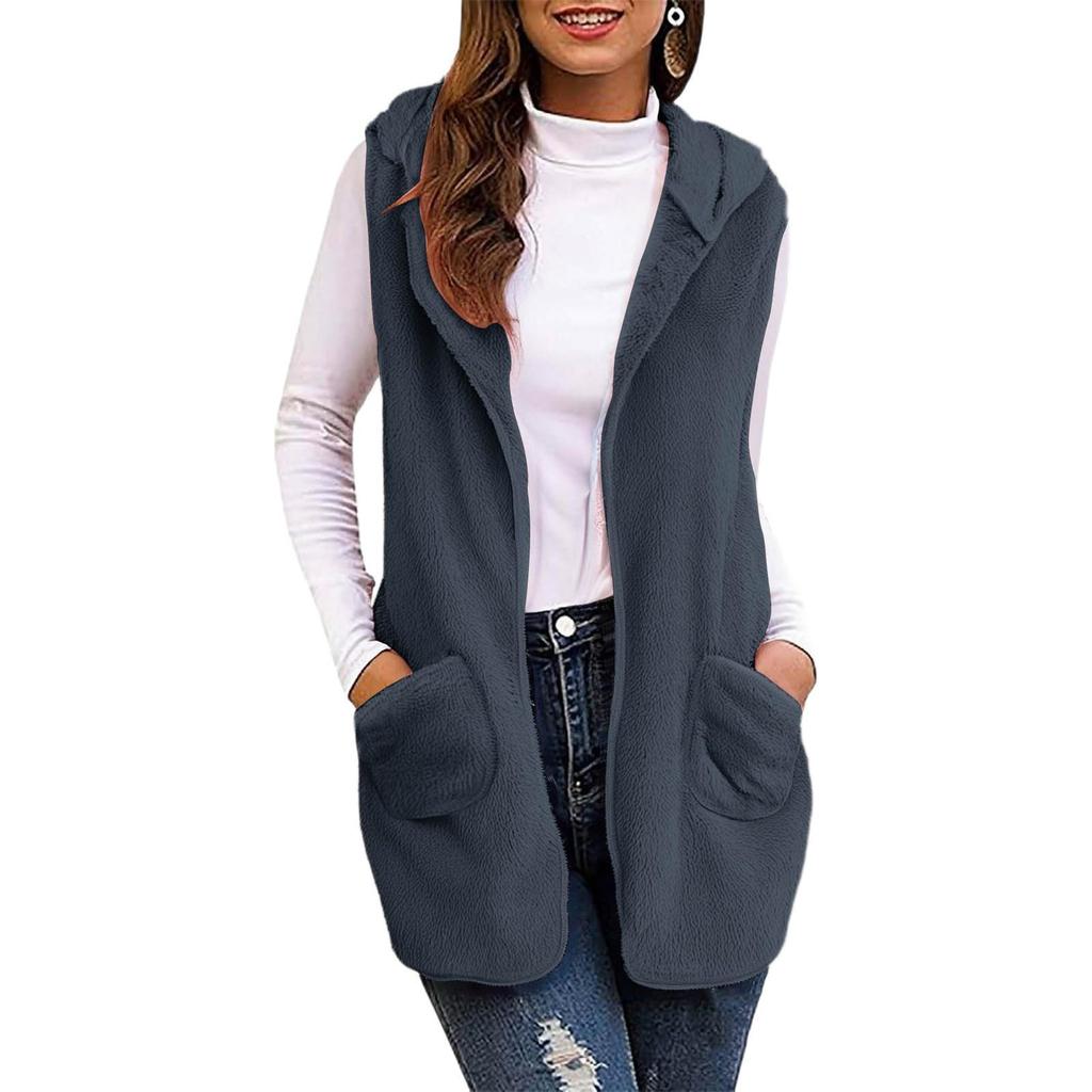 Women's Fashion Solid Color Hooded Sleeveless Plush Cardigan Vest Jacket With Pockets