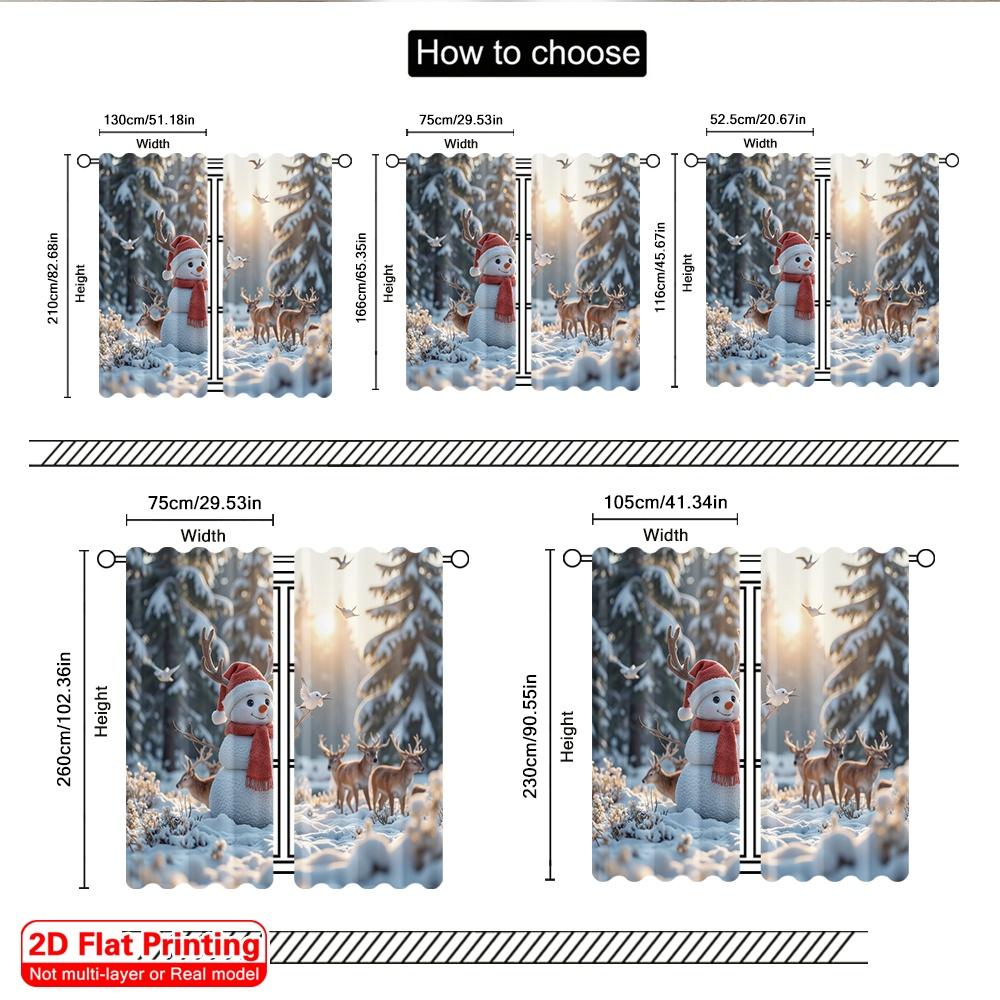 2pcs 2D Flat Printing Christmas Scene Curtain Snowman Deer Birds Winter Forest 100% Polyester Without Electricity Party &