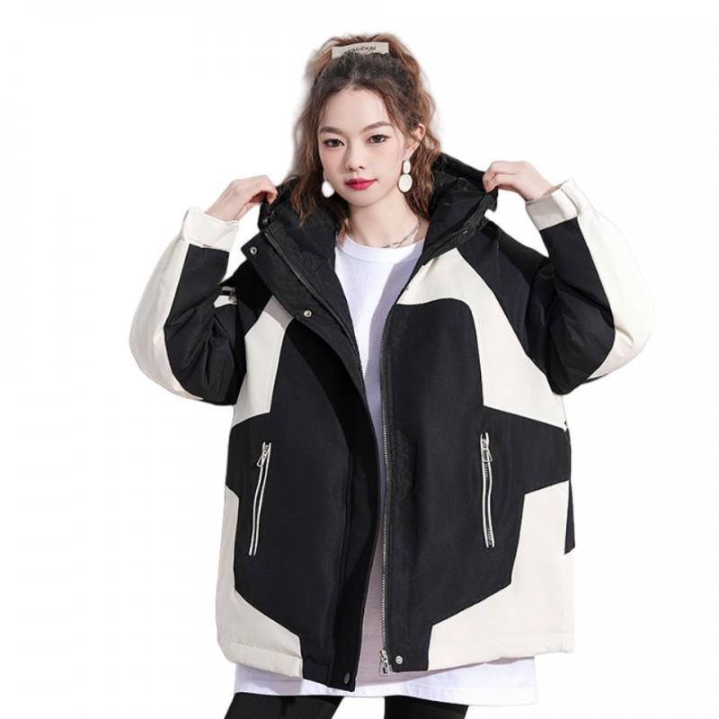 2026 Winter Womens Down Cotton Padded Jacket Hooded Loose Casual Outdoor Color Block Coat
