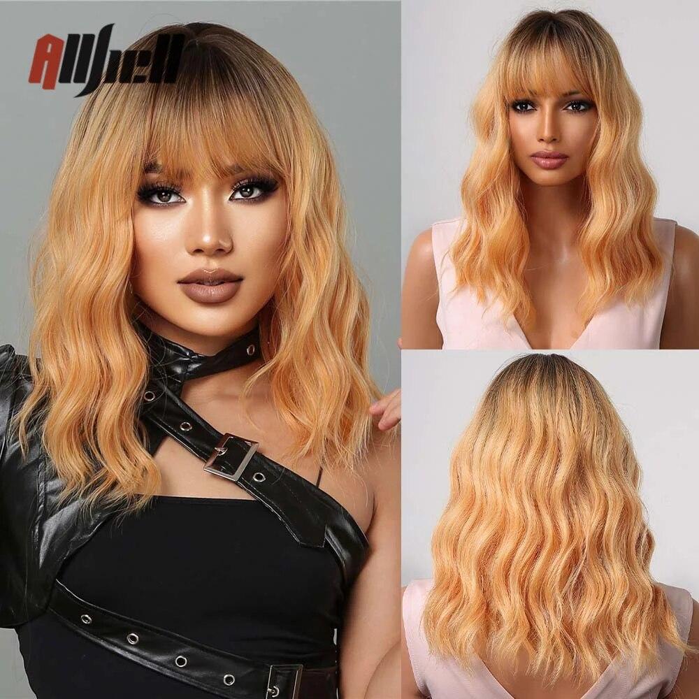 Shoulder Long Copper Ginger Wig Orange Synthetic Water Wave Wigs for Women Heat Resistant Daily Halloween Cosplay Wig with Bangs