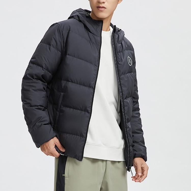 Li Ning Wade Series Jednobarevná péřová bunda s dlouhým rukávem a kapucí na zip Pánská bunda Černá AYMR129-1