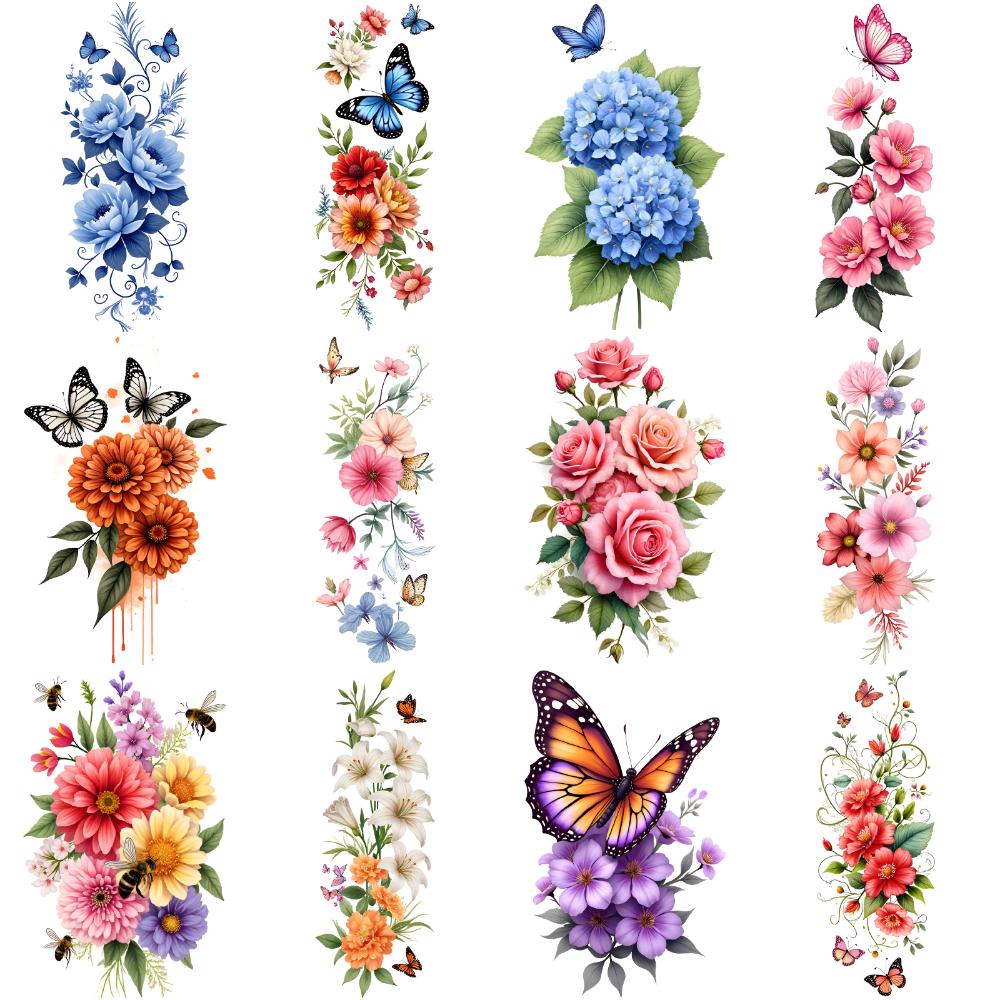 12pcs Temporary Tattoo Floral Designs Colorful Butterfly Motif Temporary Tattoo Stickers For Adult Back Male