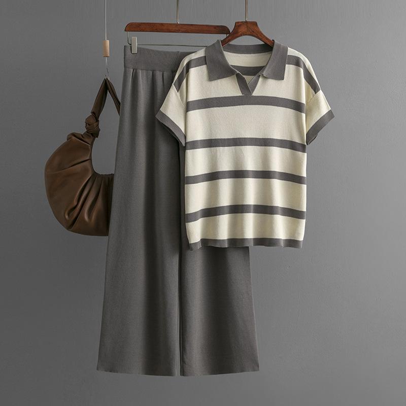 Summer color matching striped collar casual fashion short-sleeved knitted top solid color loose wide-leg pants two-piece set