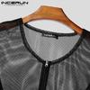 INCERUN Men Long Sleeve Mesh See Through Hollow Out Zipper Beach Shirts Tops