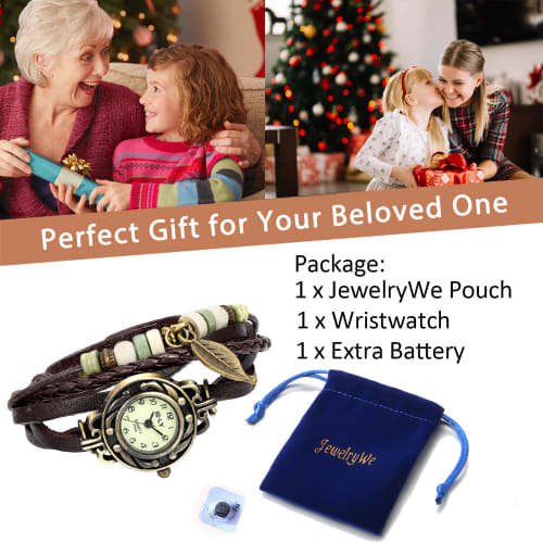 JewelryWe Wristwatch Bracelet Leather Watch Antique Style Braided