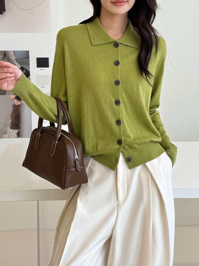 Women's 100% Wool Polo Collar Long Sleeve Cardigan - Old Money Style, Simple Lapel Knit Sweater