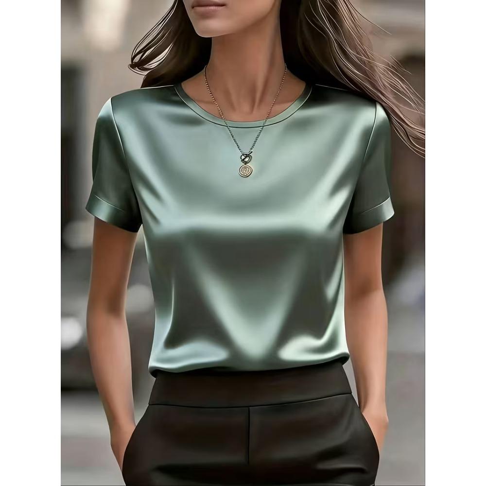 Top de satin pentru femei, nou, cu mânecă scurtă, gât rotund, bluză casual largă