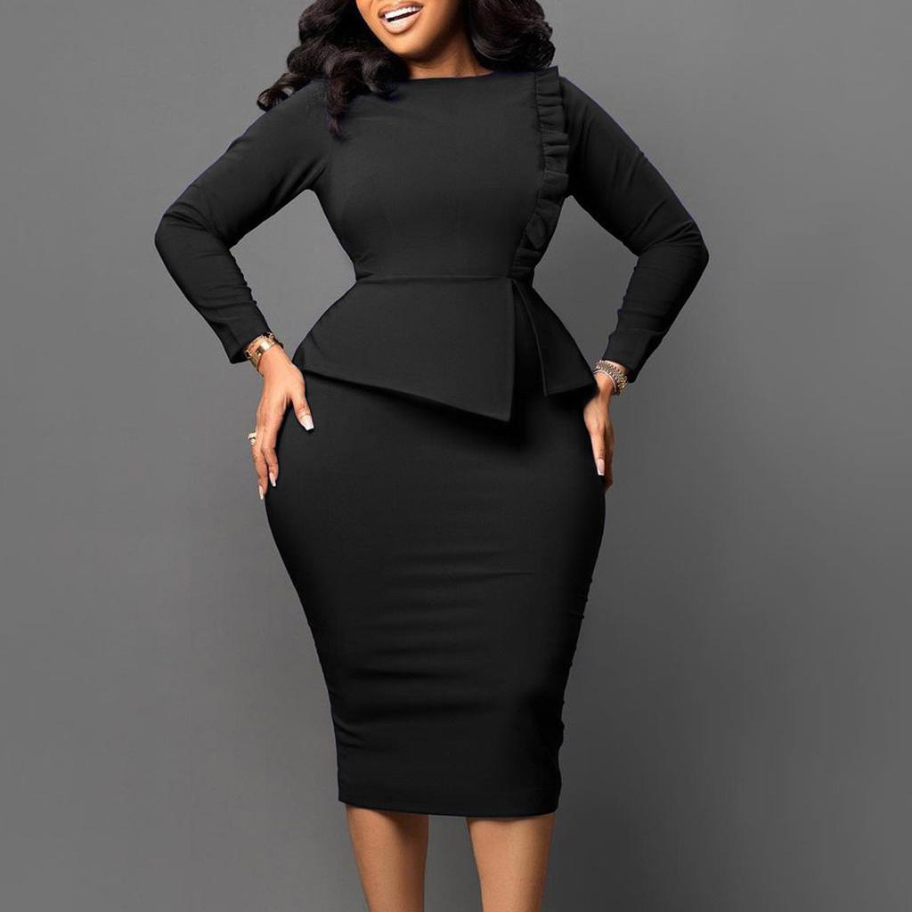 Elegant Office Lady Dress for Women O Neck Long Sleeve Package Hips Mid Calf Professional Business Work Dress Midi
