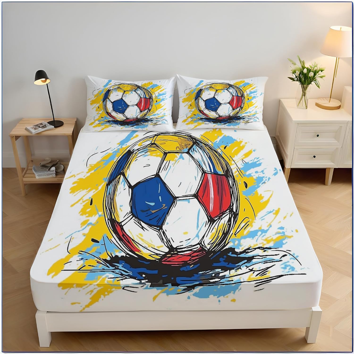 

Комплект простыней односпальный, Граффити Современный Футбол, 2 предмета Мягкая микрофибра Простыня на резинке с наволочкой 75х50см для мальчиковых спален 90x200cm