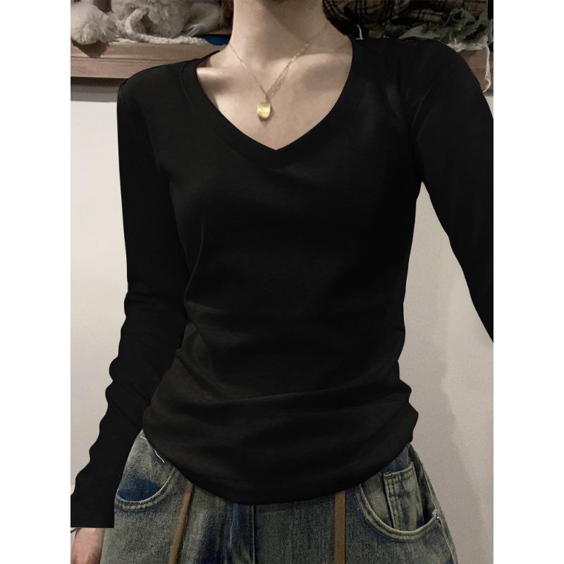 

GMXIA Хлопковая однотонная базовая рубашка с круглым вырезом для женщин на весну и осень-зиму, накладывающаяся на узкую футболку с длинными рукавами, женская XL