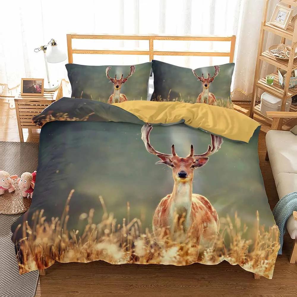 US Size Bedding Queen King Size 2/3Pcs Deer And Flowers Autumn Leaves Duvet Cover Sets Pillow Shams Single Double Kids Bed Set
