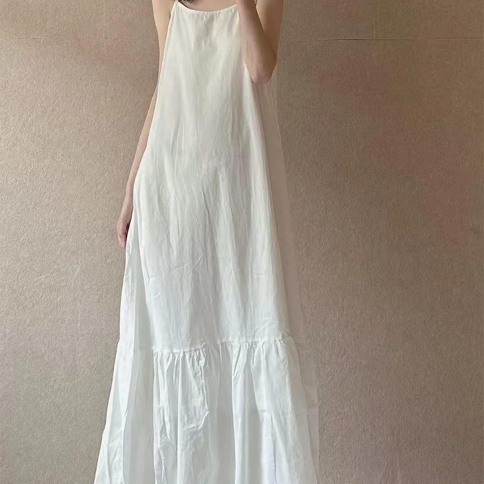 2025 Summer Linen Cotton Slip Dress - Solid Color, Loose Fit, Patchwork Design, Literary Style