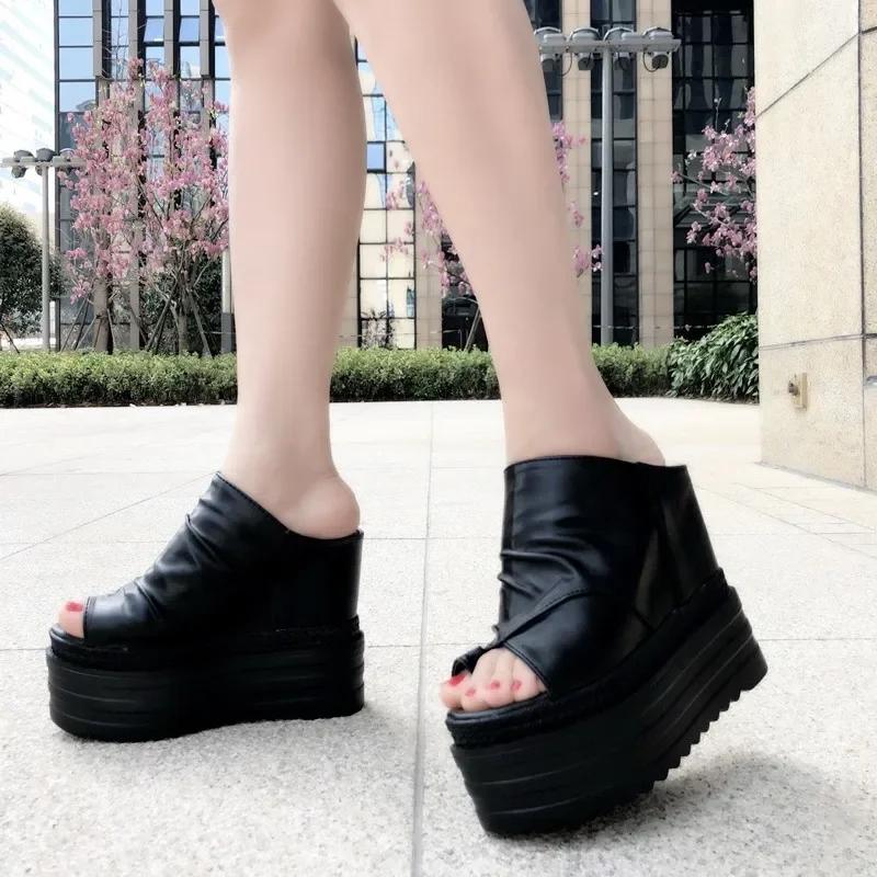 Fashion 14CM Genuine Leather Sandals Women Fashion  Thick High Heel Party Night Club Shoes Sexy Platform Sandals Ladies Slippers