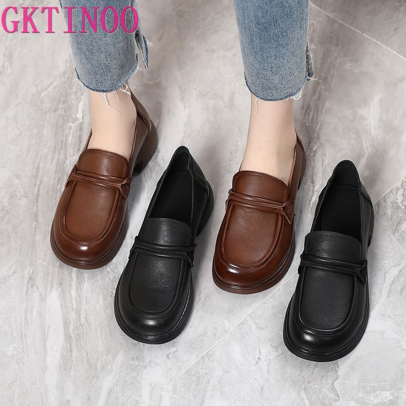 Fashion GKTINOO British Style Women Loafers Genuine Cow Leather Shoes 2025 Autumn Soft Sole Platform Non-slip Thick with Low Heel Shoes